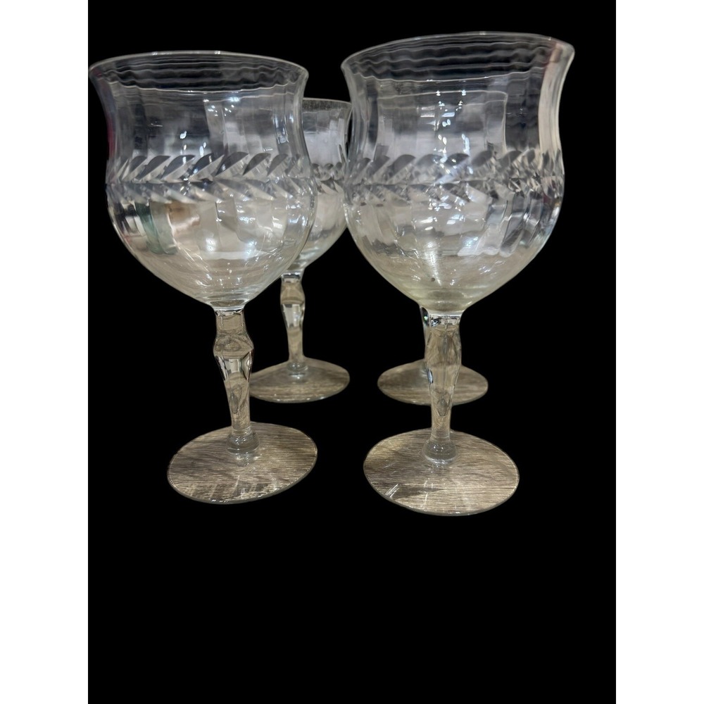 Bryce Glass Clear Optic Stem 350 Cut Laurel Leaf Wine Glass Lot Of Four. Vintage